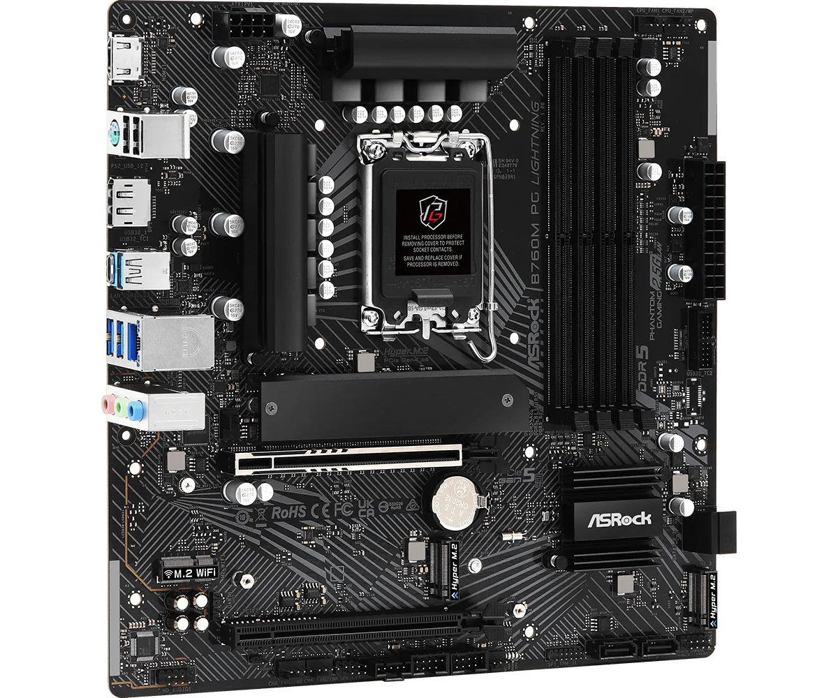 Матплата ASRock B760M PG Lighting, iB760, S1700, mATX, 4DDR-5, 2xPCI-Ex16, 4SATA,3xM.2,HDMI,DP,12USB