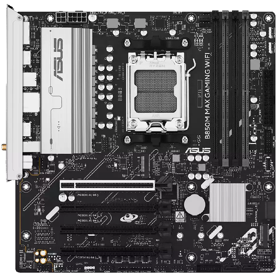 ASUS Main Board Desktop AMD Socket AM5 AMD B850 Chipset 4 x DIMM slots, max. 256GB 1 x DisplayPort 1 x HDMI port 1 x Wi-Fi module 3 x M.2 slots 4 x SATA ATX Form Factor