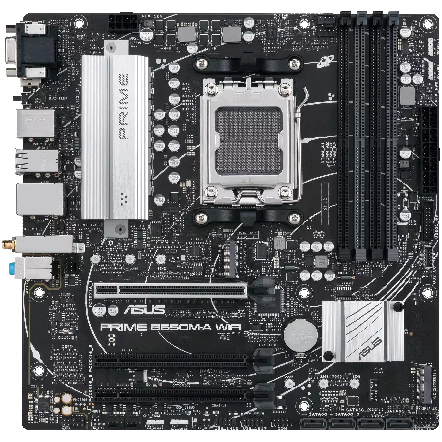 ASUS MB PRIME B650M-A WIFI II (B650 AM5 4 x DIMM DDR5 1 x DisplayPort 1 x VGA port 1 x HDMI port M.2 4 x SATA Wi-Fi 6  BT5.2 mATX)