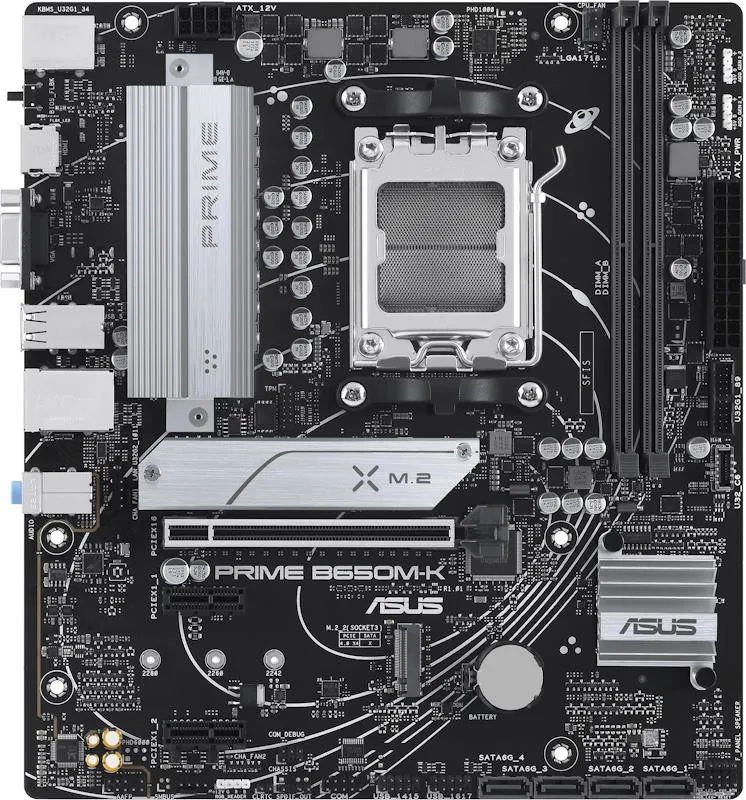 Матплата Asus Prime B650M-K, AM5, mATX, 2DDR-5, 1хPCI-Ex16, 4SATA, 2xM.2, VGA, HDMI, 12USB