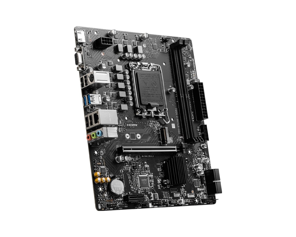 Матплата MSI PRO B760M-E, iB760, S1700, mATX, 2DDR-5, 1xPCI-Ex16, 4SATA, 1xM.2, VGA, HDMI, 12USB