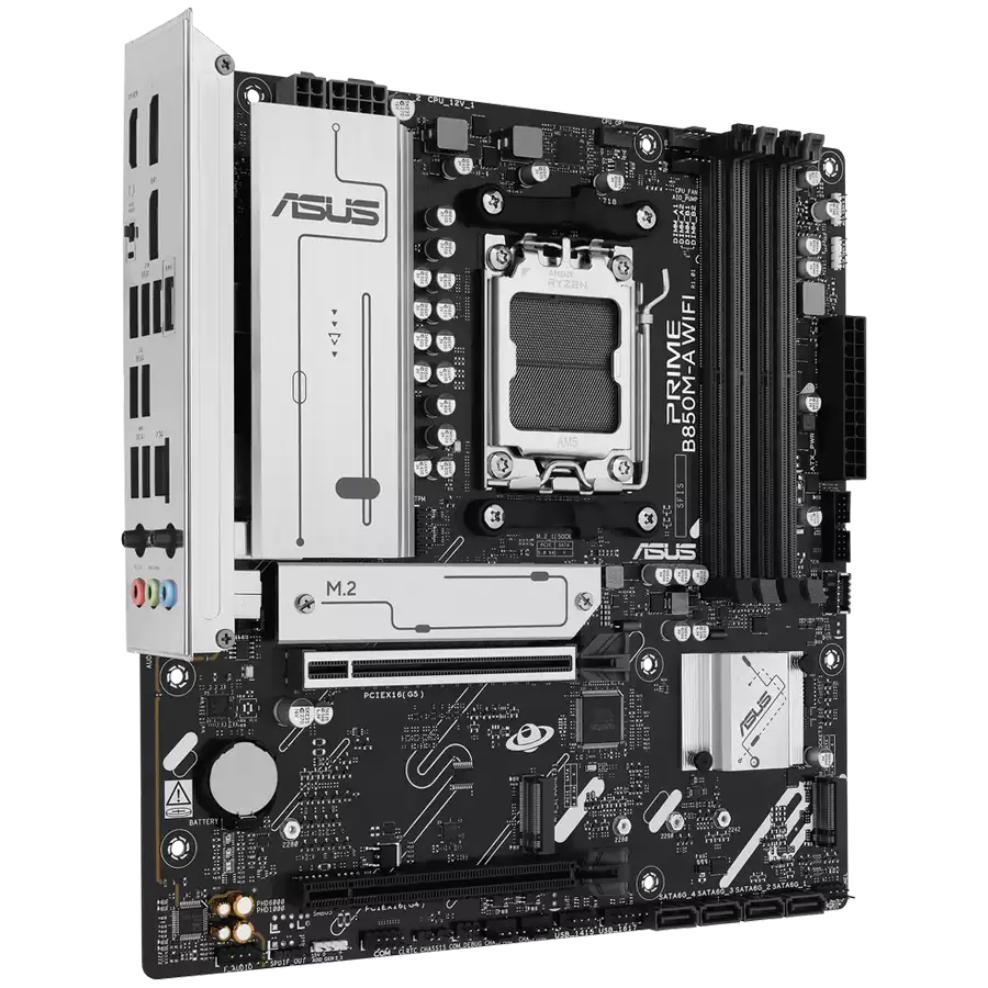 ASUS Main Desktop AMD Socket AM5 AMD B850 Chipset 4 x DIMM slots, max. 256GB 2 x DisplayPort 1 x HDMI port 1 x Wi-Fi module 3 x M.2 slots 4 x SATA mATX Form Factor