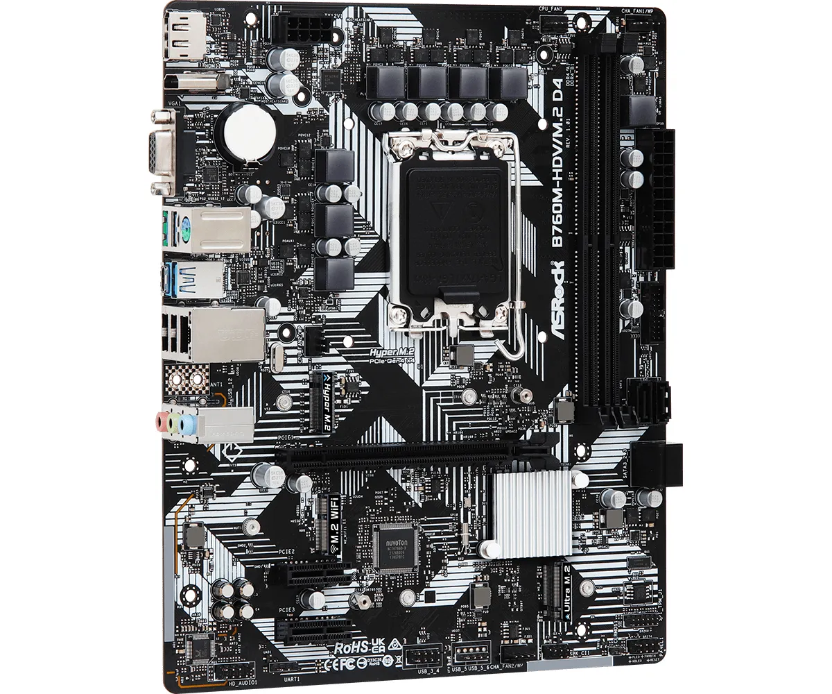 Матплата ASRock B760M-HDV/M.2 D4, iB760, S1700, mATX,2DDR-4,1xPCI-Ex16,4SATA,2xM.2,VGA,HDMI,DP,11USB