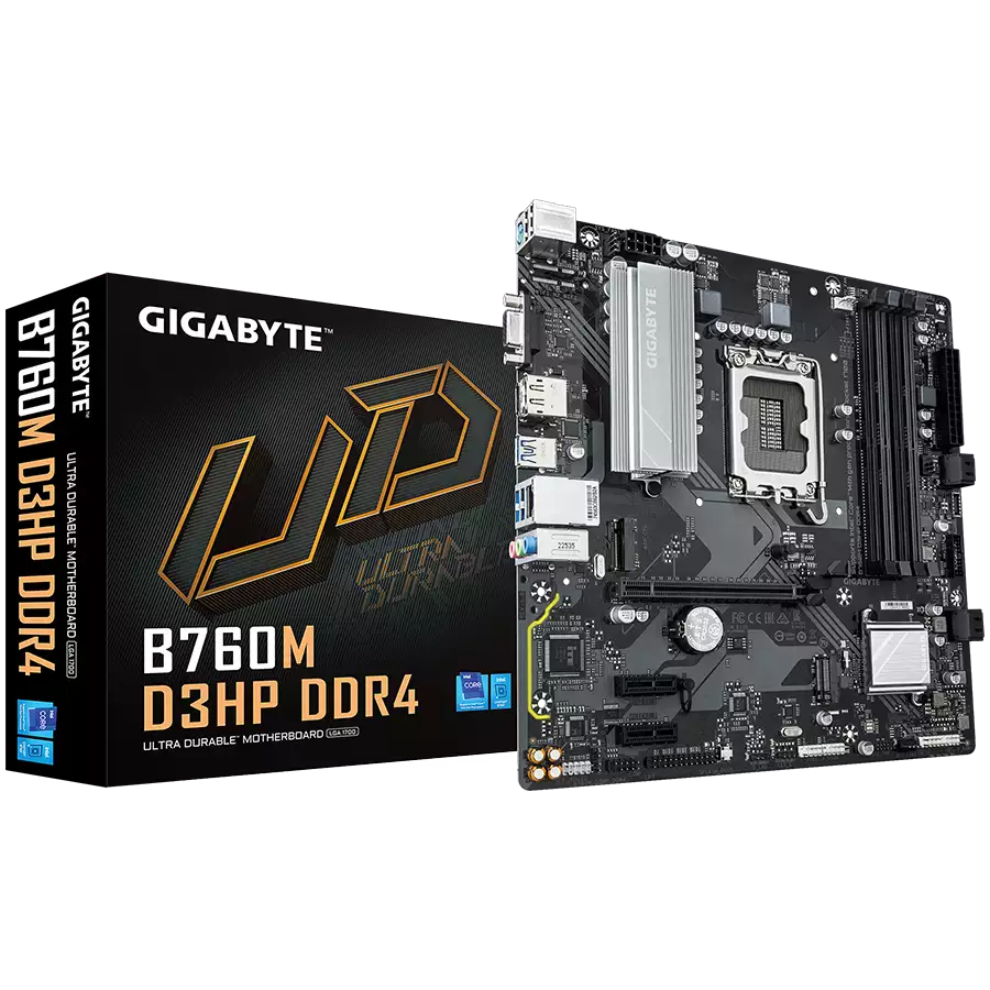 GIGABYTE MB B760M D3HP DDR4 (LGA1700, 4x DDR4 128GB, 1x PCI-E 4.0 x16x16, 2x PCI-E 3.0 x1x1, 2x M.2 PCIe 4.0, 4x SATA, 2x USB 2.0, 1x DP, 1x HDMI, GbE LAN, mATX, Retail)