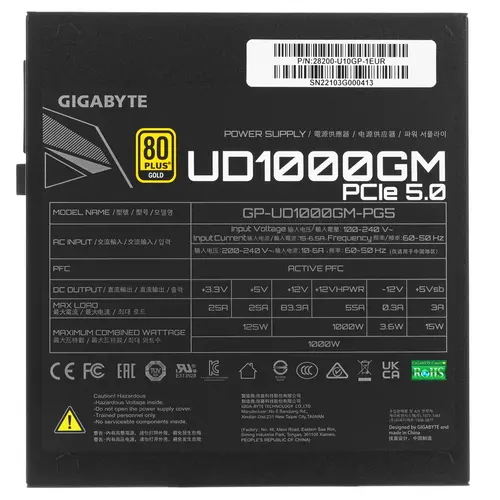 БП ATX 1000W Gigabyte GP-UD1000GM PG5,Gold,20+4/24+4/24+8/20+4+8/24+4+8/24+8+8,12сm,4x6+2p+16p PCI-E
