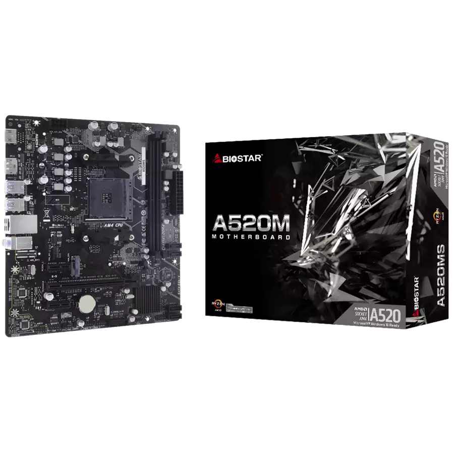 BIOSTAR MB AM4 A520 2-DIMM DDR4 4 x SATA III 1 x M.2 1 x DP Port 1 x HDMI Port 1 x LAN port 	Micro ATX