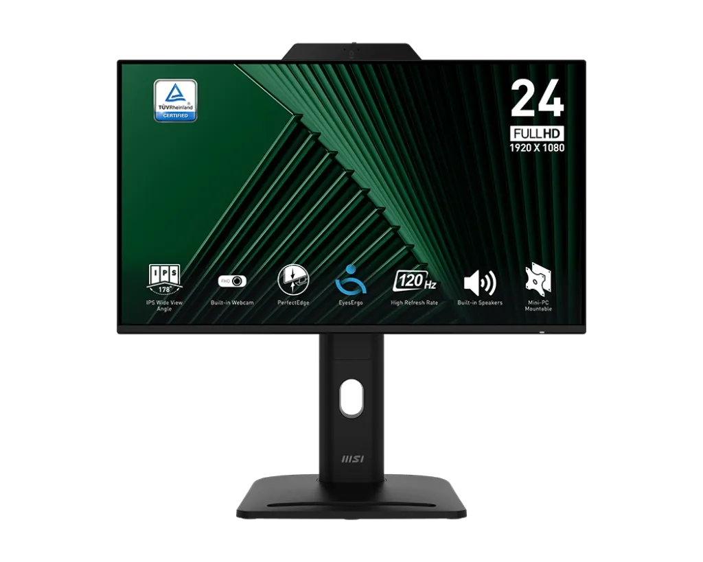 Монитор 23.8" MSI PRO MP242PMG IPS 1920x1080 120Hz 1ms 300cd/m 1500:1 HDMI VGA DP 3xUSB 2x2W Встроенная WEB камера с микрофоном, Регулировка по Высоте HAS, Черный