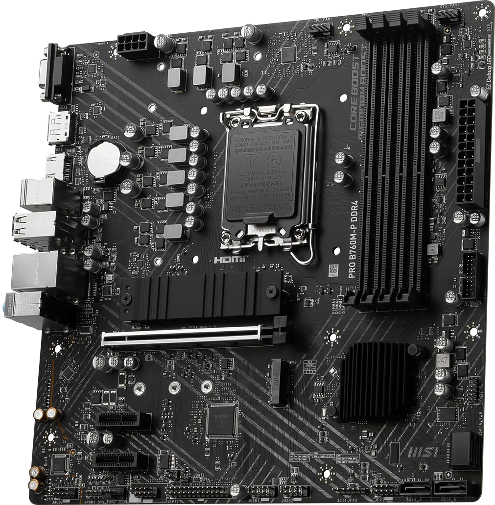 Матплата MSI PRO B760M-P, iB760, S1700, mATX, 4DDR-5, 1xPCI-Ex16, 4SATA, 2xM.2, VGA, HDMI, DP, 12USB