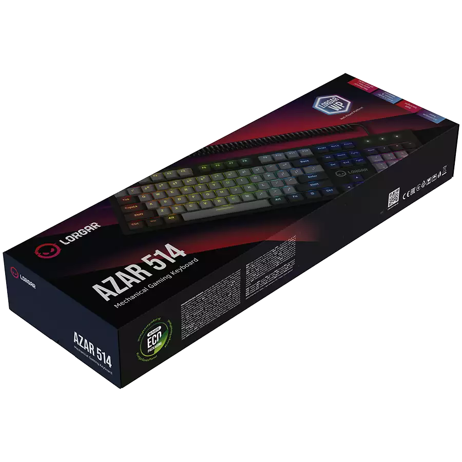 LORGAR Azar 514, Wired mechanical gaming keyboard, RGB backlight, 1680000 colour variations, 18 modes, keys number: 104, 50M clicks, linear dream switches, spring cable up to 3.4m, ABS plastic+metal, magnetic cover, 450*136*39mm, 1.17kg, black, EN+RU layo