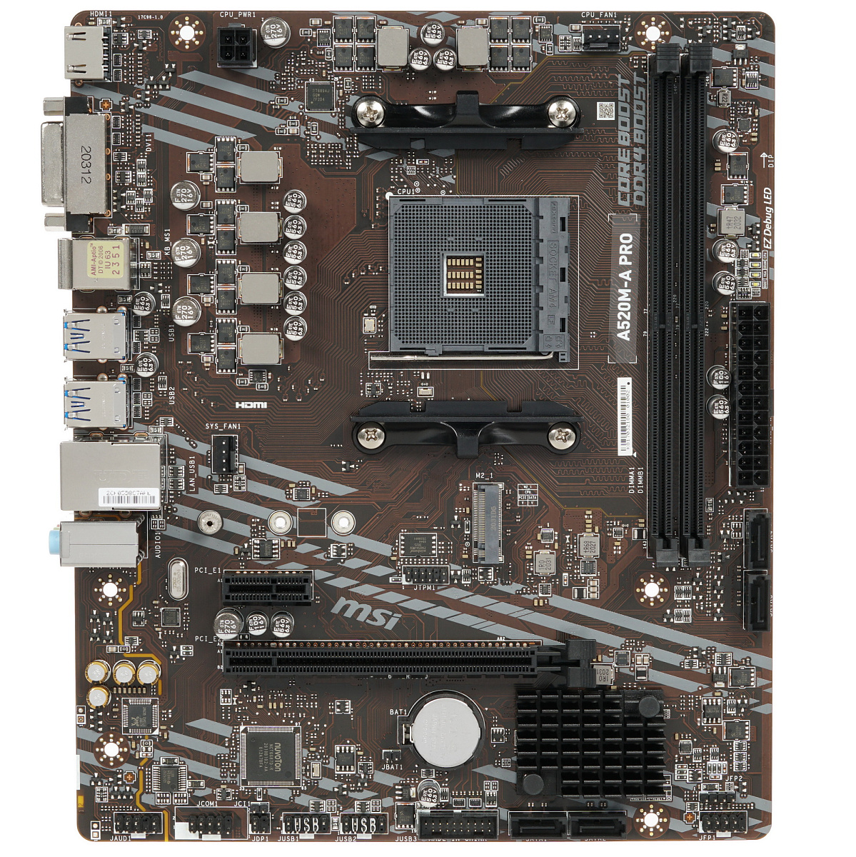 Матплата MSI A520M PRO, AM4, mATX, 2DDR-4, 1xPCI-Ex16, 4SATA, 1xM.2, VGA, HDMI, DP, 12USB