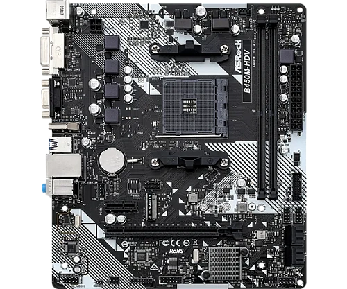 Матплата ASRock B450M-HDV R4.0, AM4, mATX, 2DDR-4, 1xPCI-Ex16, 4SATA, 1xM.2, VGA, DVI, HDMI, 12USB