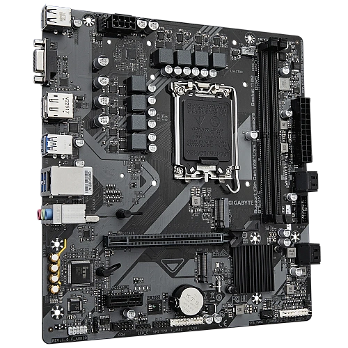 Матплата Gigabyte B760M E, iB760, S1700, mATX,2DDR-5,1xPCI-Ex16/1x1,4xSATA3,2xM.2,VGA,HDMI,DP,12USB
