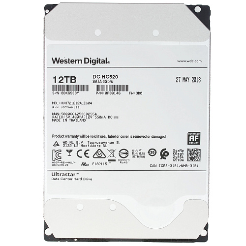 Western Digital Ultrastar DC HDD Server HE12 (3.5’’, 12TB, 256MB, 7200 RPM, SATA 6Gb/s, 512E SE) SKU: 0F30146