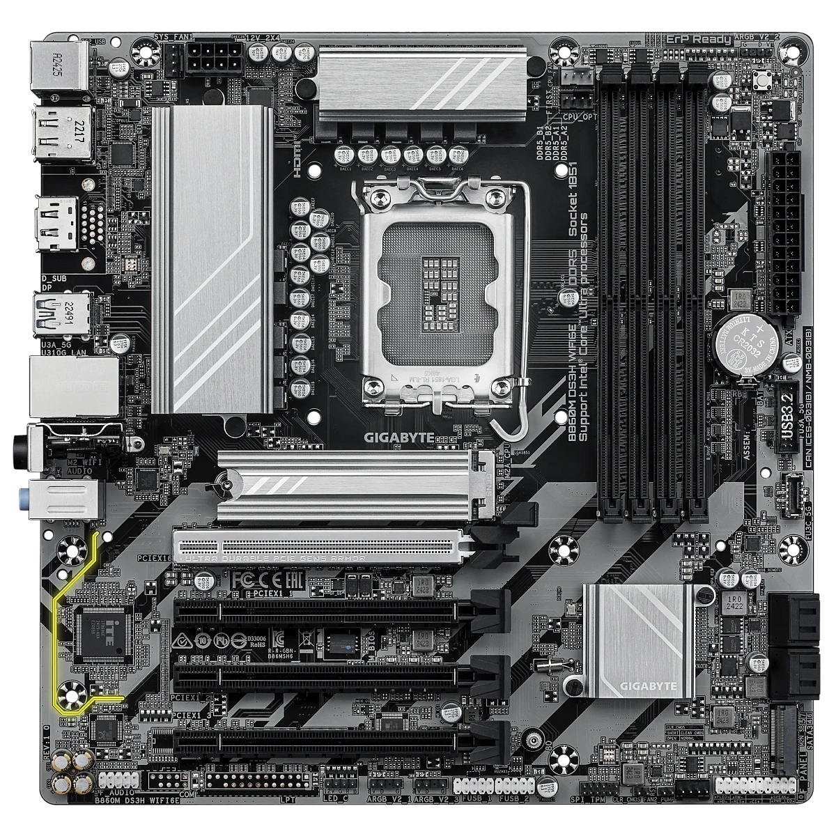 Матплата Gigabyte B860M DS3H WiFi6E, iB860, S1851, mATX, 4DDR-5, 4xPCI-Ex16, 2xM.2, 2xDP, HDMI,13USB