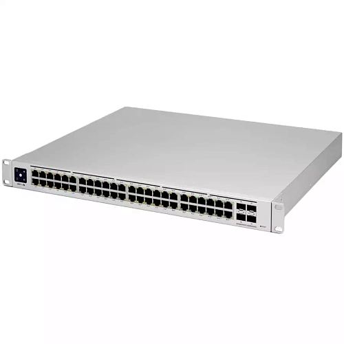 Ubiquiti USW-PRO-48-POE 48 port gigabit L3 PoE++ switch, 40 x GbE PoE+ Ports, 8 x GbE PoE++ ports, 4 x 10G SFP+ ports, 600W total PoE availability, Layer 3 switching, Near-silent cooling, LCM display 1.3" touchscreen