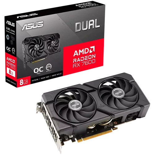 ASUS Video Card AMD Radeon RX 7600 8GB GDDR6 OC mode: up to 2715 MHz Default mode: up to 2695 MHz 128-bit Digital Max Resolution 7680 x 4320 Yes x 1 (Native HDMI 2.1)Yes x 3 (Native DisplayPort 1.4a)HDCP Support Yes (2.3)