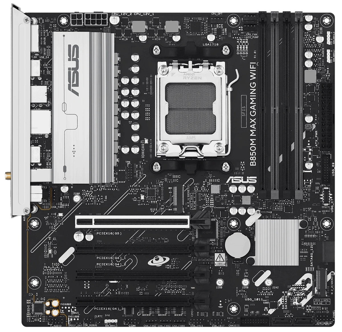 Матплата Asus B850M Max Gaming WiFi, AM5, mATX, 4DDR-5, 4xPCI-Ex16, 4SATA, 3xM.2, HDMI, DP, 9USB