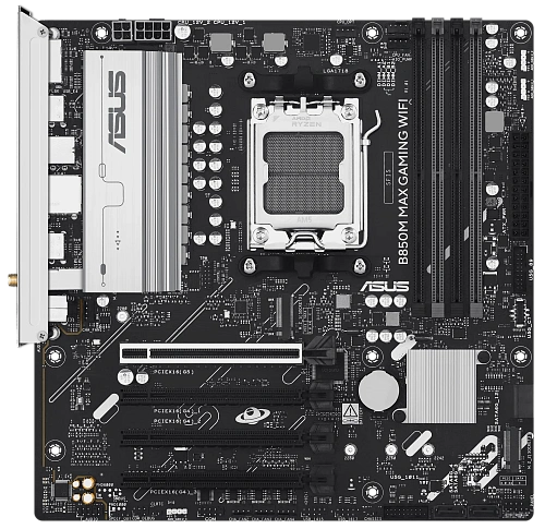 Матплата Asus B850M Max Gaming WiFi, AM5, mATX, 4DDR-5, 4xPCI-Ex16, 4SATA, 3xM.2, HDMI, DP, 9USB
