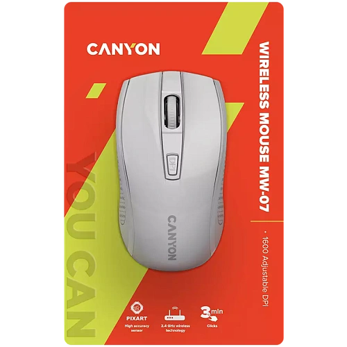 CANYON MW-7, 2.4Ghz wireless mouse, 6 buttons, DPI 800/1200/1600, with 1 AA battery ,size 110*60*37mm,58g,white