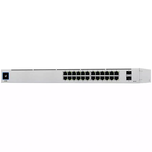 UBIQUITI Pro 24; (24) GbE ports; (2) 10G SFP+ ports; DC power backup-ready; Layer 3 switching; Silent cooling.