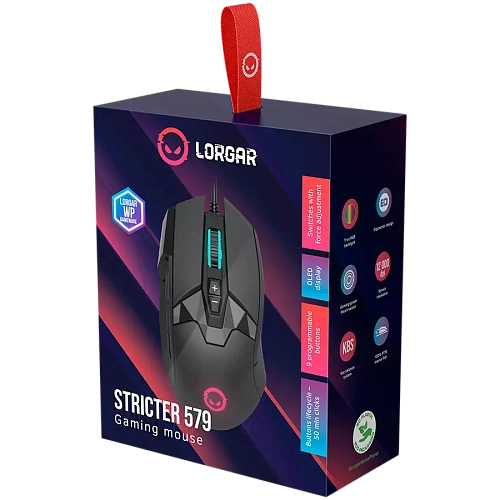 LORGAR Stricter 579, gaming mouse, 9 programmable buttons, Pixart PMW3336 sensor, DPI up to 12 000, 50 million clicks buttons lifespan, 2 switches, built-in display, 1.8m USB soft silicone cable, Matt UV coating with glossy parts and RGB lights with 4 LED