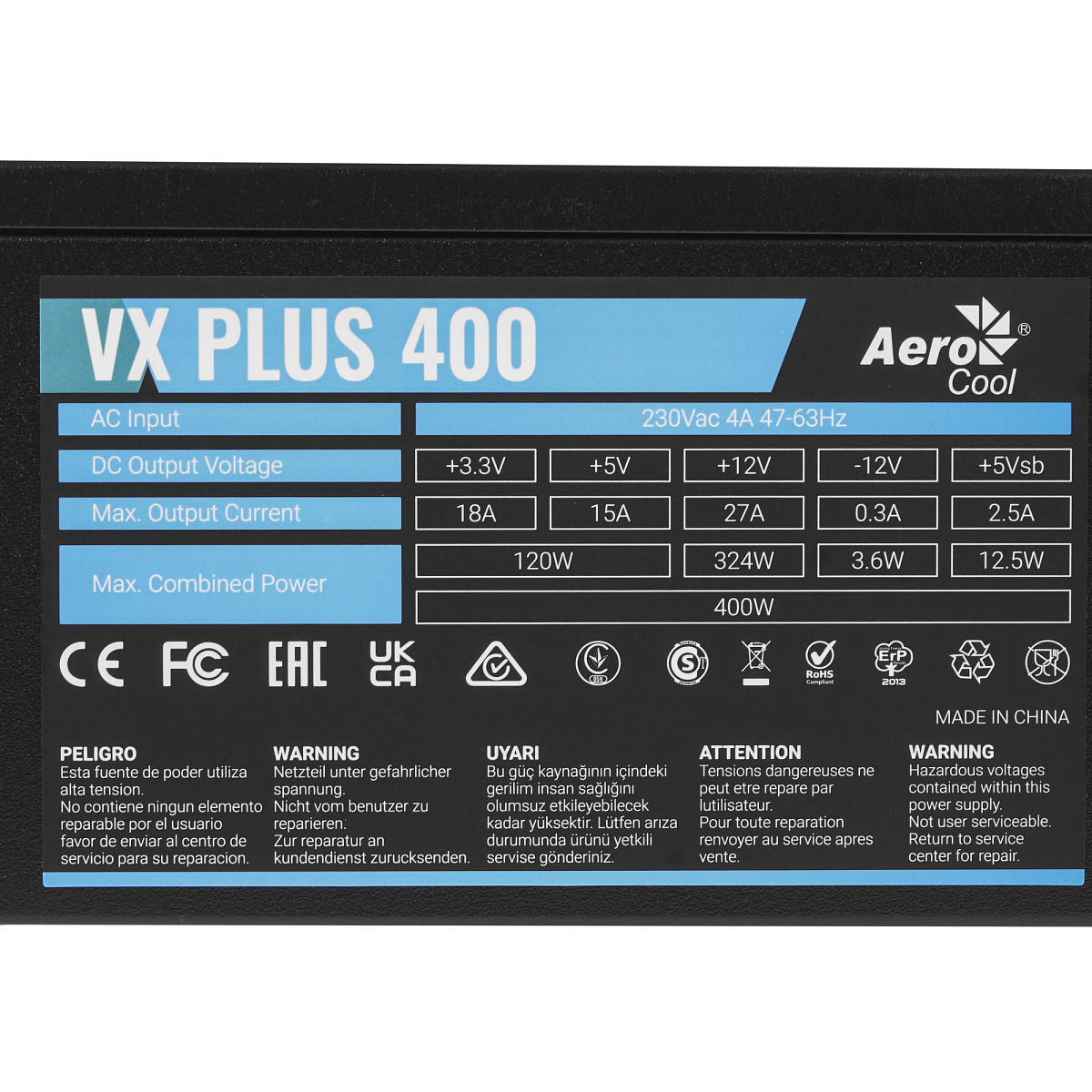БП ATX 400W AeroCool VX PLUS 400, 20+4/20+4+8/24+4/24+8, 12cm, 1x6p PCI-E