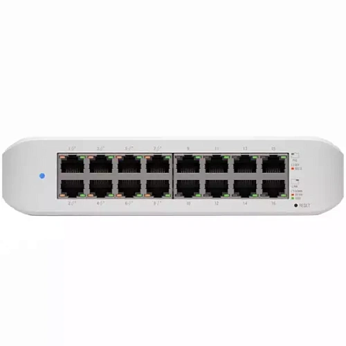UBIQUITI Lite 16 PoE; (8) GbE PoE+, (8) GbE ports; 45W total PoE availability; Wall mountable.