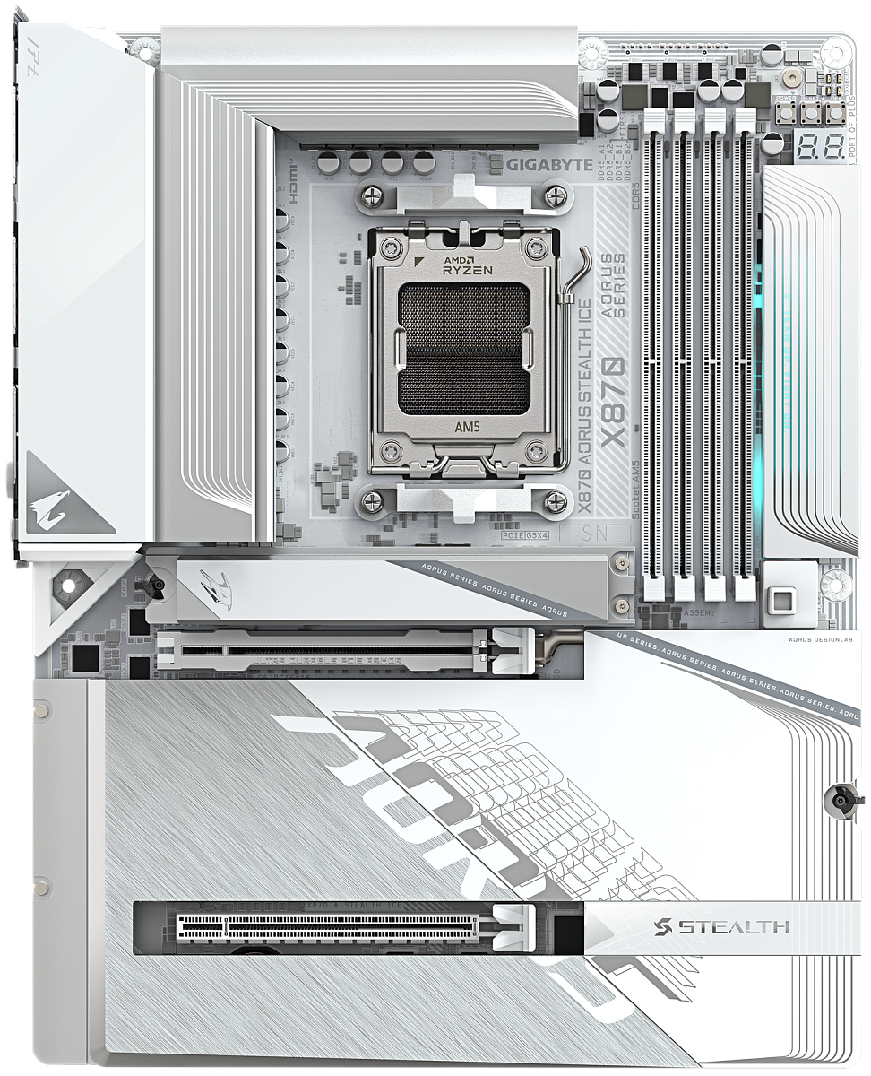 Матплата Gigabyte X870 Aorus Stealth ICE, AM5, ATX, 4DDR-5, 2хPCI-Ex16, 2SATA,4xM.2,HDMI,USB-C,20USB