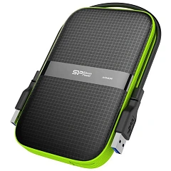Silicon Power Armor - A60 2TB Portable HDD USB 3.2 Gen1 Black/Green, Shockproof MIL-STD 810G Method 516.6 Procedure IV, Water-resistant IPX4, LED light
