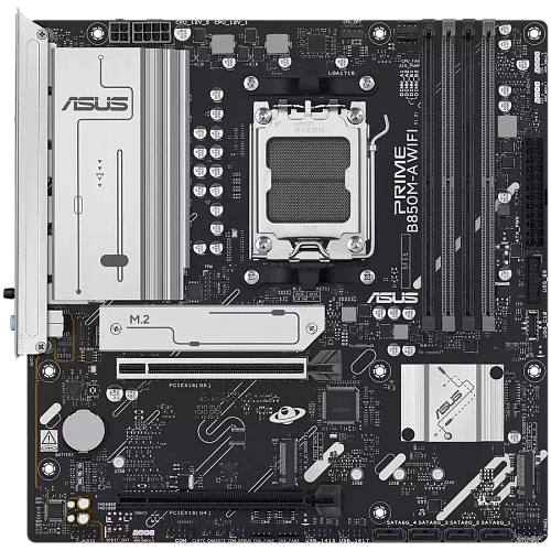ASUS Main Desktop AMD Socket AM5 AMD B850 Chipset 4 x DIMM slots, max. 256GB 2 x DisplayPort 1 x HDMI port 1 x Wi-Fi module 3 x M.2 slots 4 x SATA mATX Form Factor